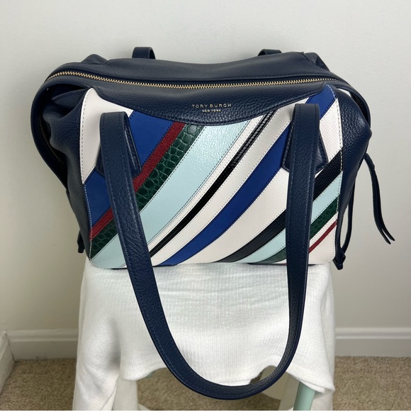Tory Burch Blue Perry Balloon Stripe Satchel Leather Bag NEW Multicolor - Picture 9 of 16